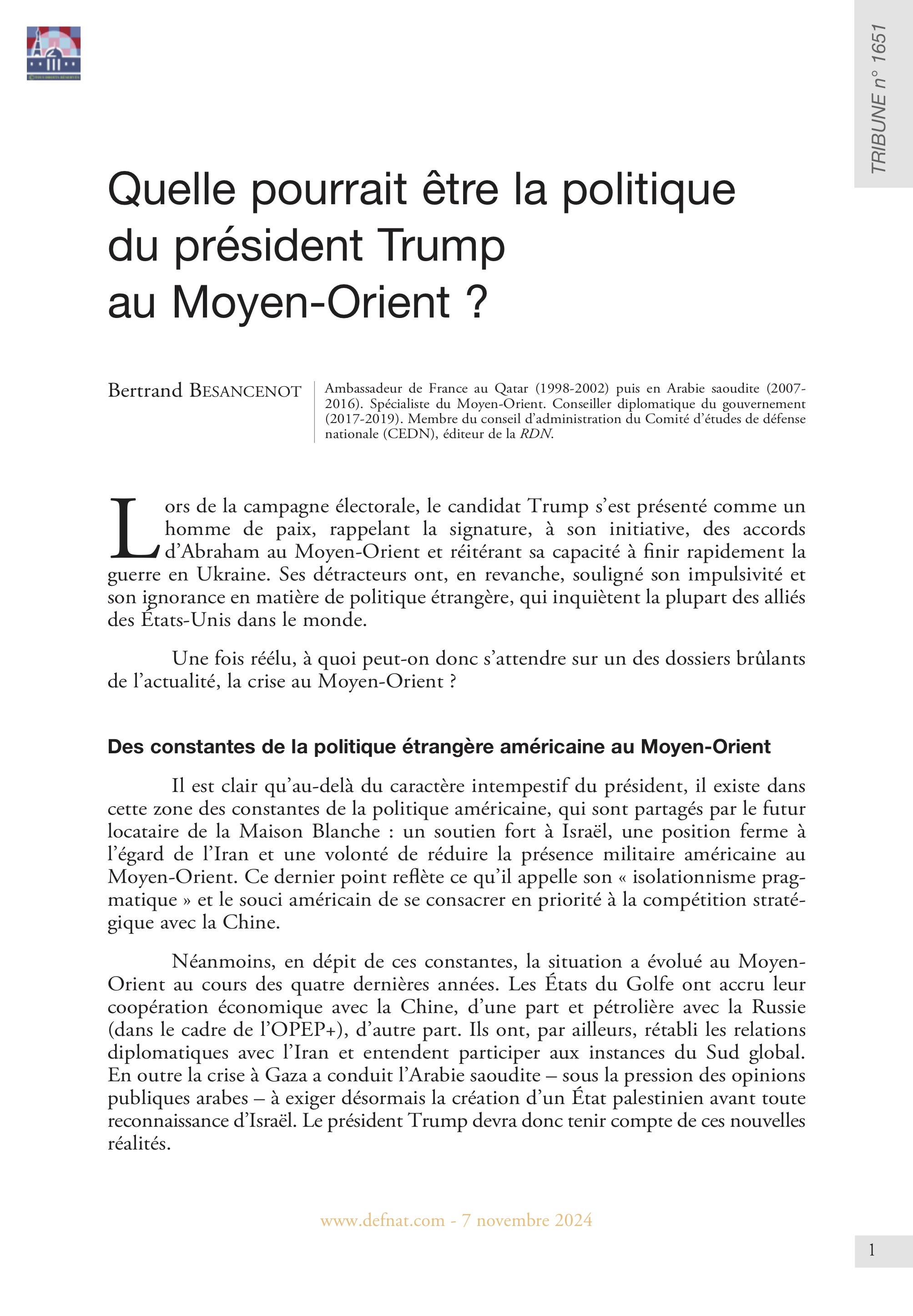 Quelle pourrait être la politique du président Trump au Moyen-Orient ? (T 1651)
